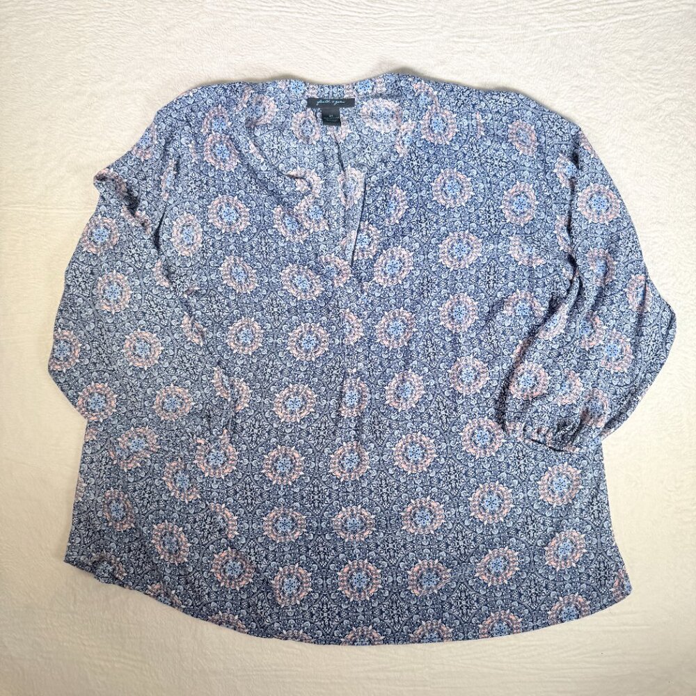 Faith & Zoe Womens 2X Blouse Mandala Print Split Neck Pull Over L/S Elastic Cuff